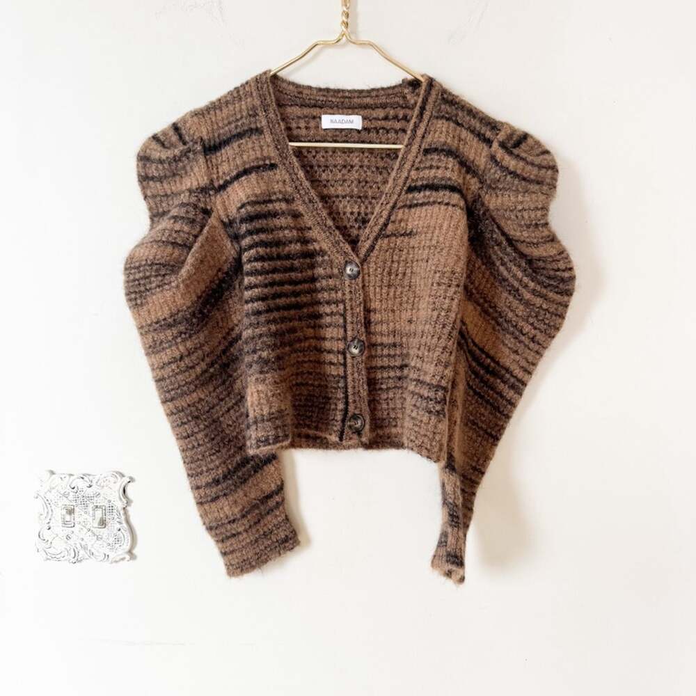 Naadam Camel Brown Black Spaced Dyed Pleated Shoulder Alpaca Cardigan Sweater XS